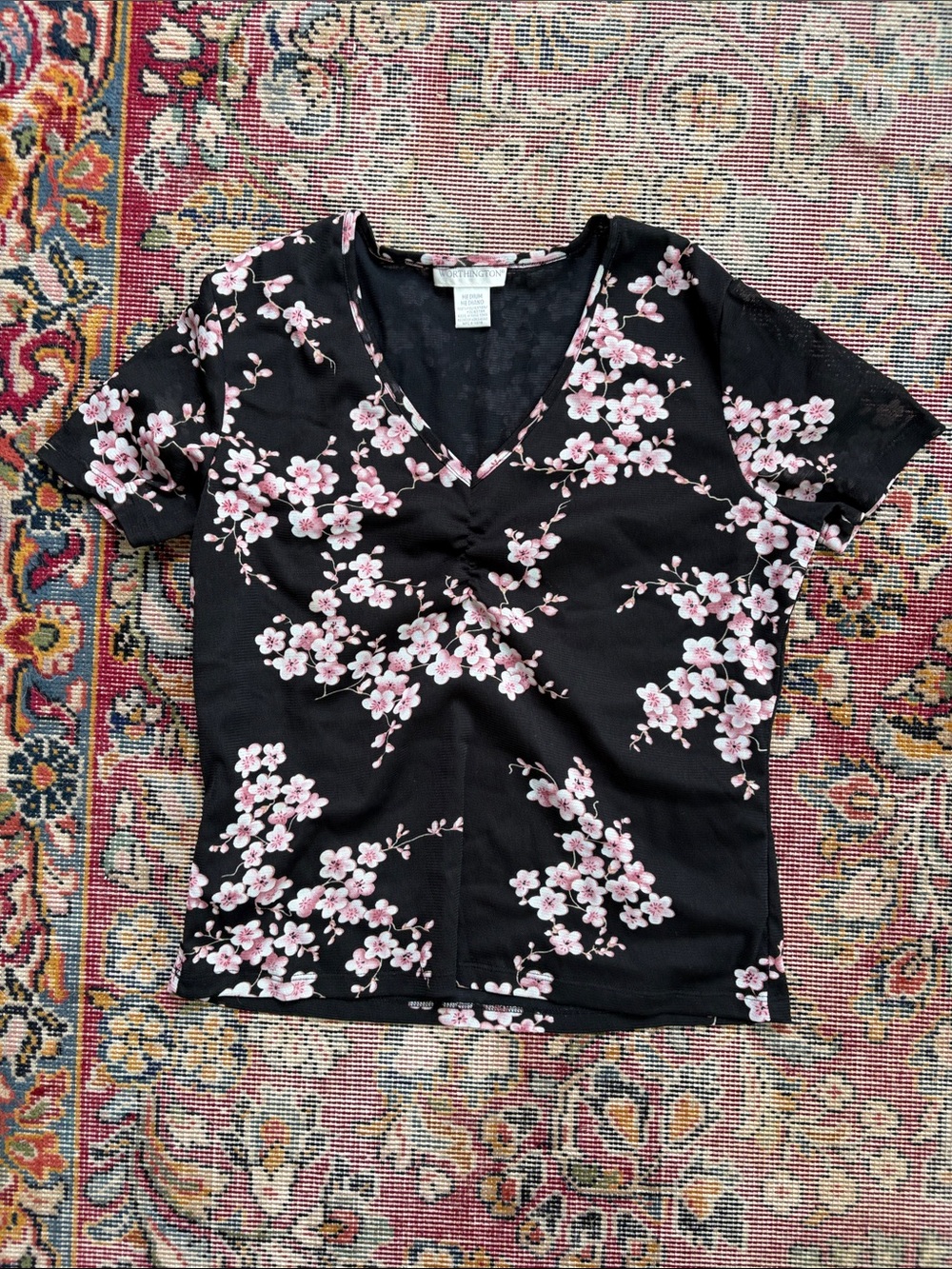 Black Floral V-Neck Women’s Top with Pink Cherry Blossoms